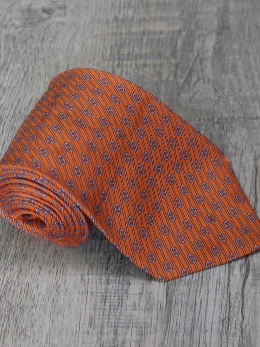 Hermès Paris Orange Blue Chain Link Silk Tie - Flawed